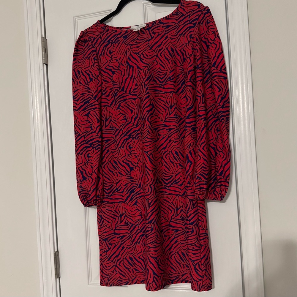 Jude Connally Vibrant Red and Navy Blue Patterned Long Sleeve Dress
